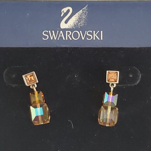 Swarovski Dainty Earrings Aurora Borealis in‎ Amber Shades Swan Signed NWT - Picture 1 of 9